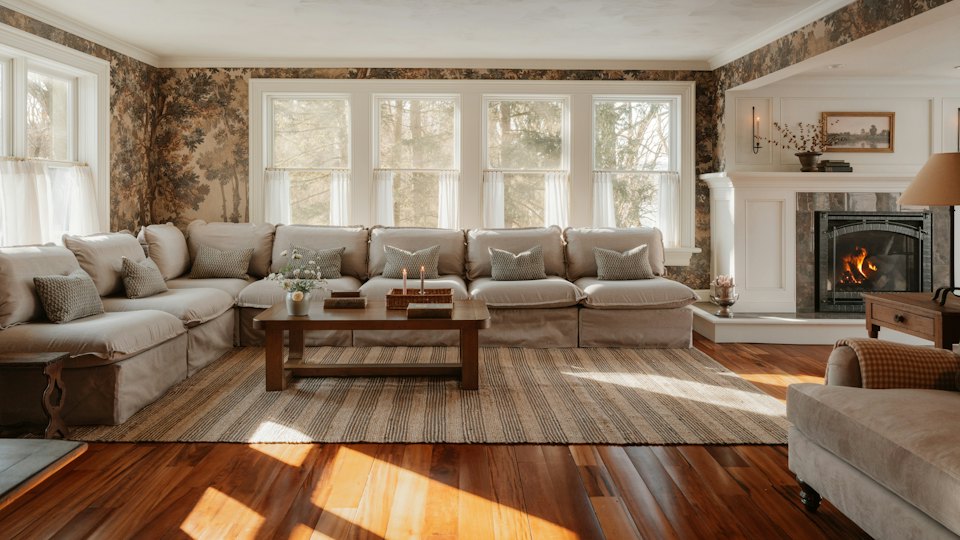 Cozy living room with sofa and fireplace