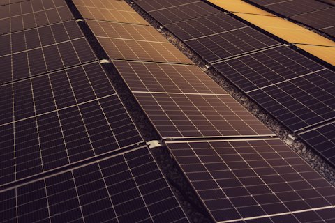 Rows of rooftop solar panels at sunset