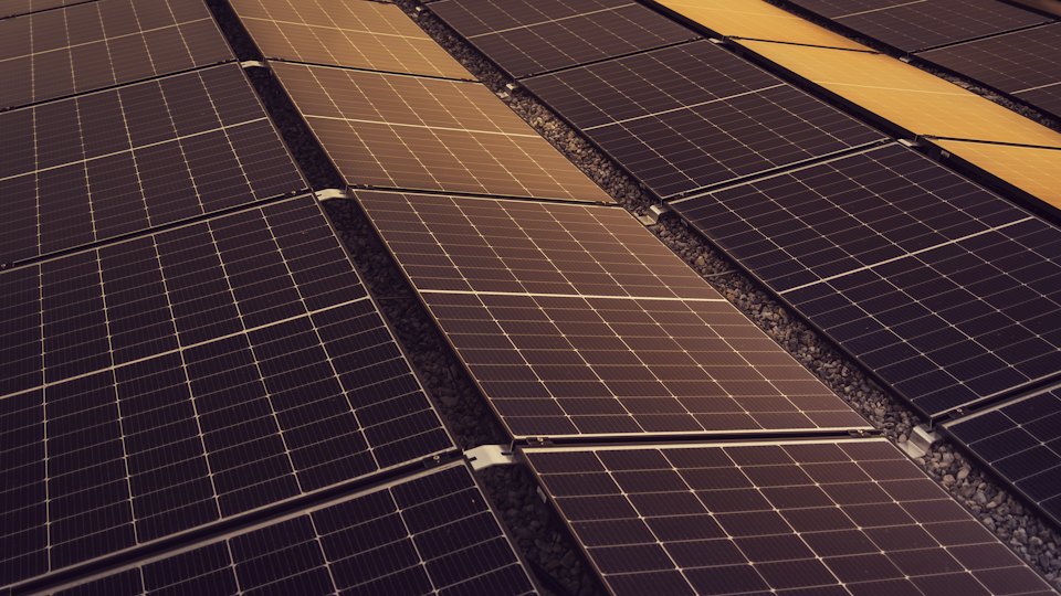 Rows of rooftop solar panels at sunset
